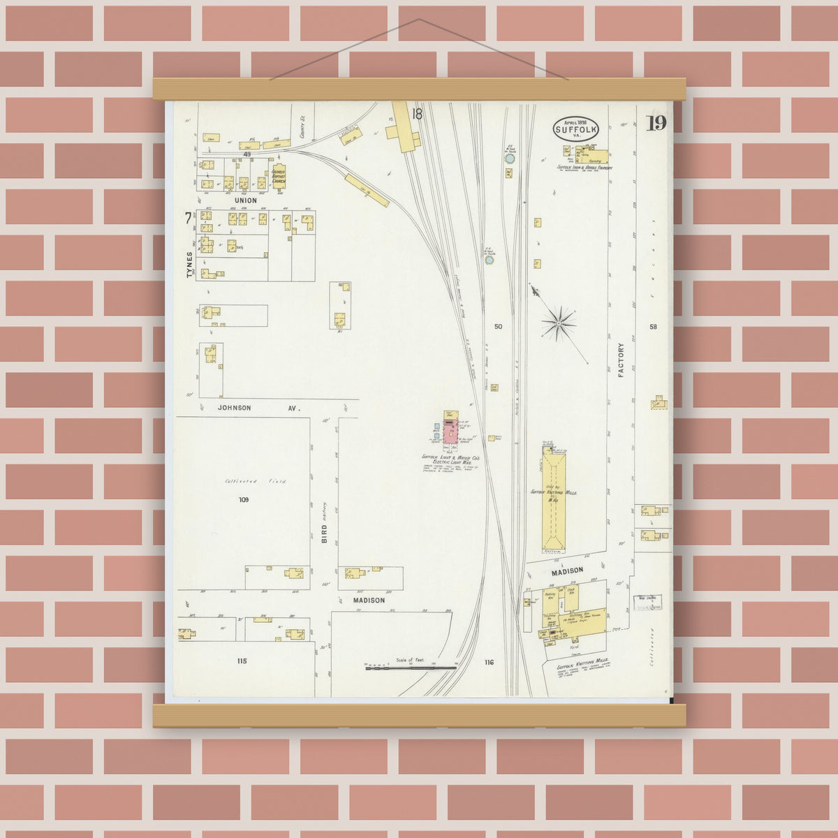 Old map wall art mockup — magnetic wood frame on brick wall — Sanborn Fire Insurance Map from Suffolk, Independent Cities, Virginia (1898), Sheet #0019
