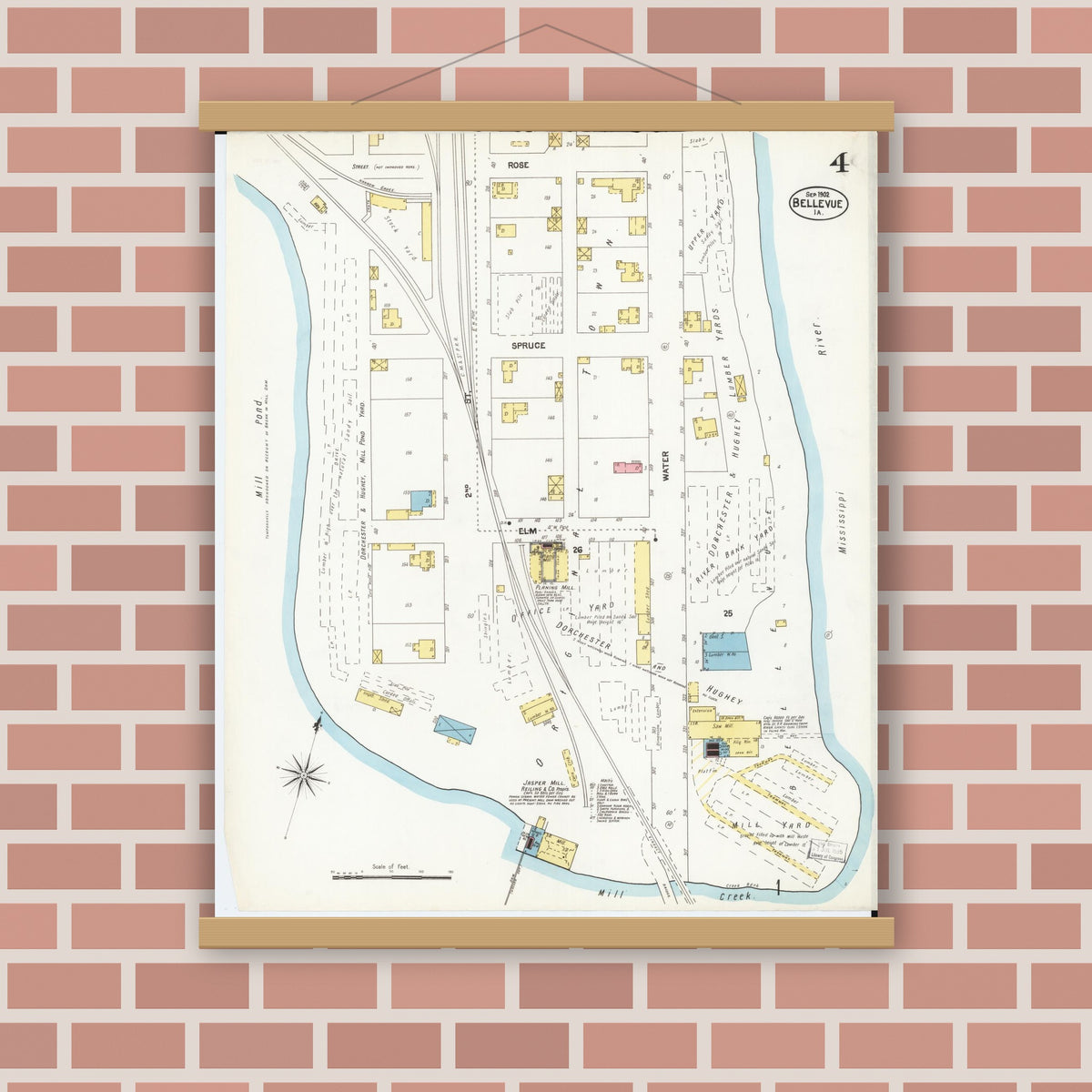 Old map wall art mockup — magnetic wood frame on brick wall — Sanborn Fire Insurance Map from Bellevue, Jackson County, Iowa (1902), Sheet #0004