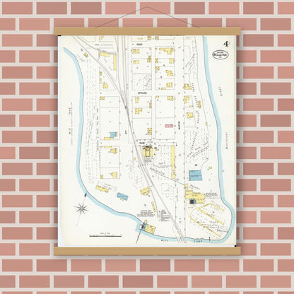 Old map wall art mockup — magnetic wood frame on brick wall — Sanborn Fire Insurance Map from Bellevue, Jackson County, Iowa (1902), Sheet #0004