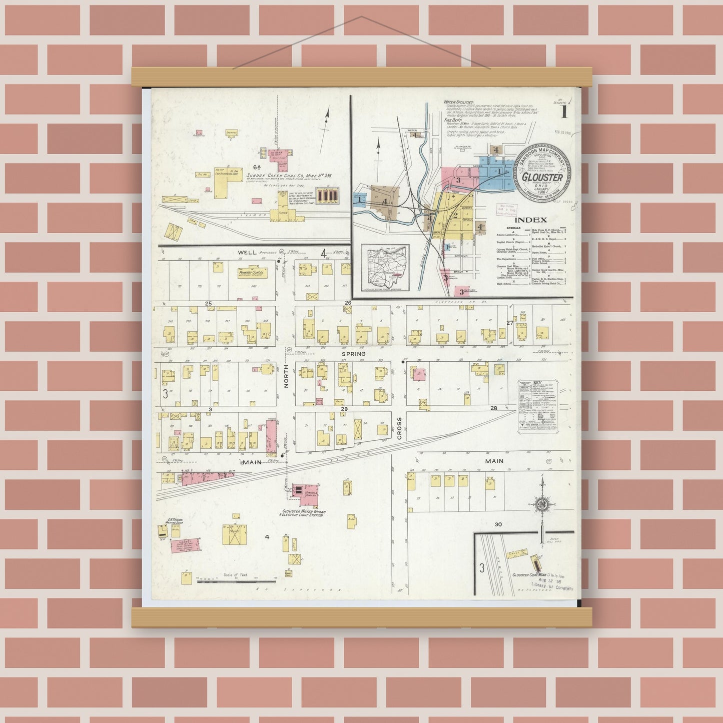 Old map wall art mockup — magnetic wood frame on brick wall — Sanborn Fire Insurance Map from Glouster, Athens County, Ohio (1912), Sheet #0001