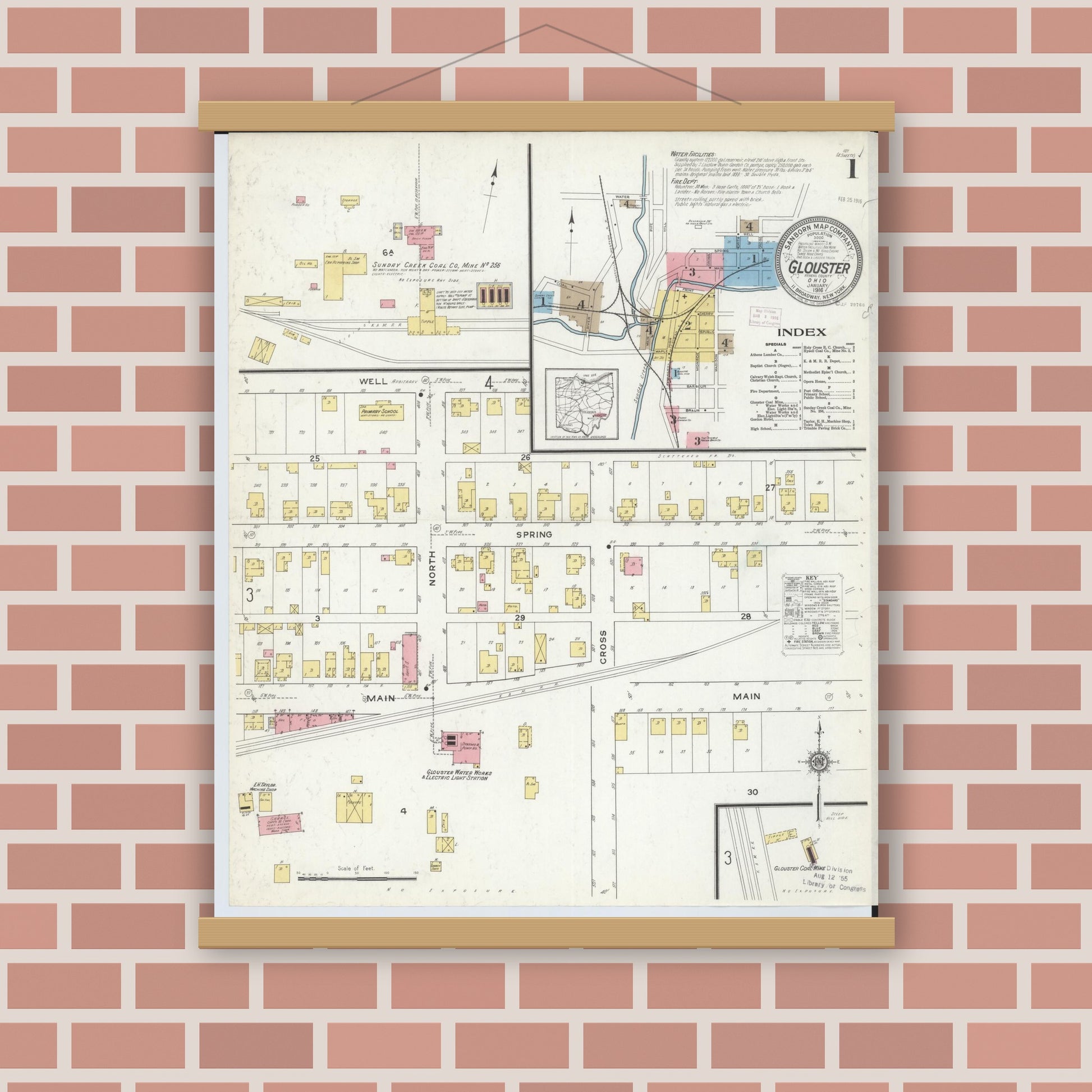 Old map wall art mockup — magnetic wood frame on brick wall — Sanborn Fire Insurance Map from Glouster, Athens County, Ohio (1912), Sheet #0001