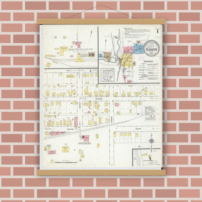 Old map wall art mockup — magnetic wood frame on brick wall — Sanborn Fire Insurance Map from Glouster, Athens County, Ohio (1912), Sheet #0001