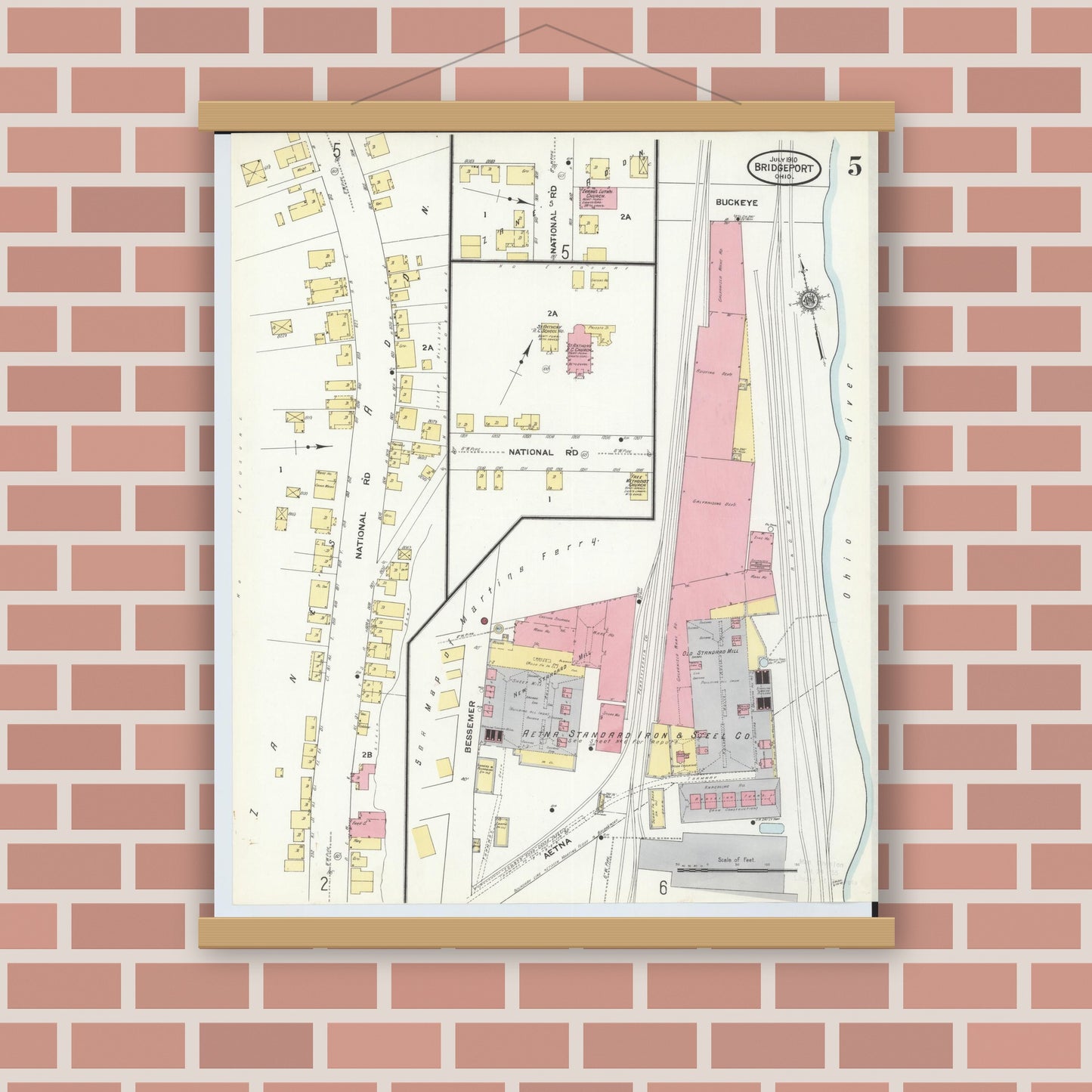 Old map wall art mockup — magnetic wood frame on brick wall — Sanborn Fire Insurance Map from Bridgeport, Belmont County, Ohio (1910), Sheet #0005