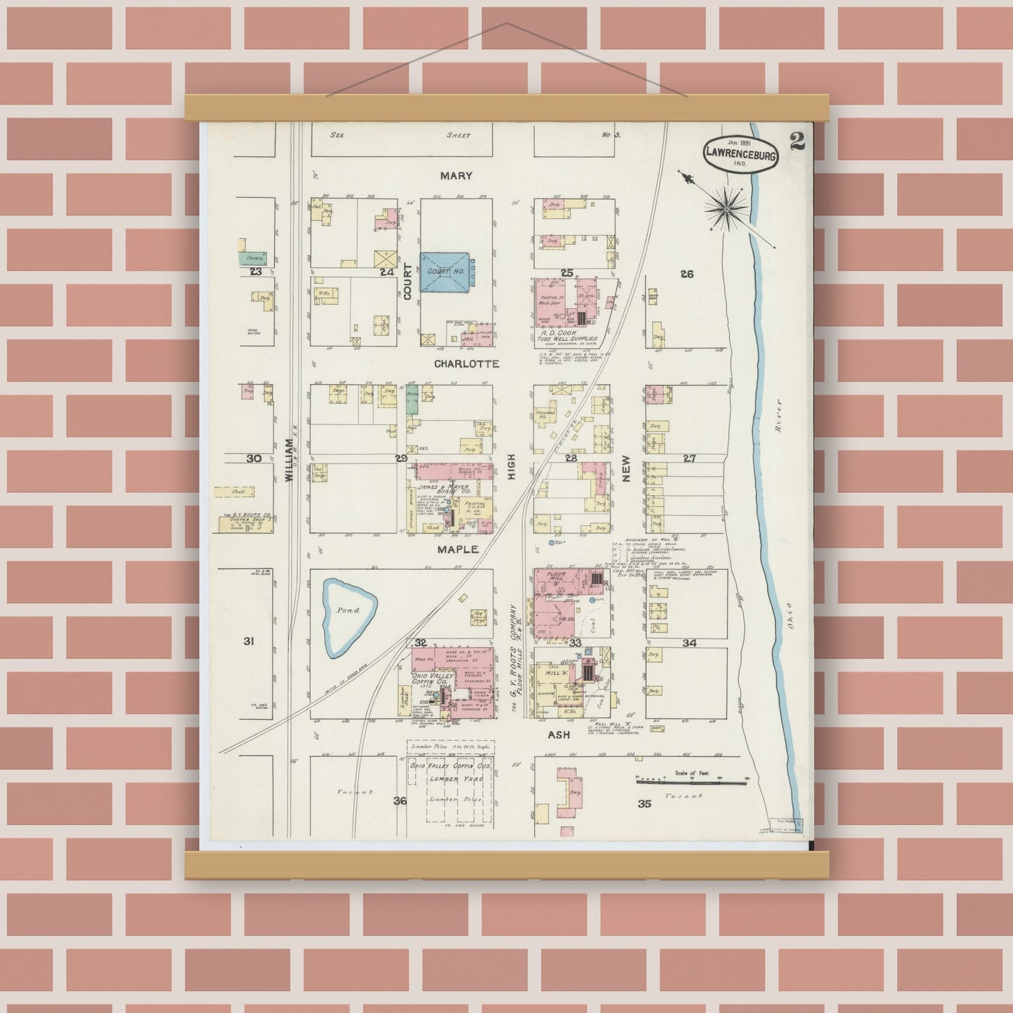 Old map wall art mockup — magnetic wood frame on brick wall — Sanborn Fire Insurance Map from Lawrenceburg, Dearborn County, Indiana (1891), Sheet #0002