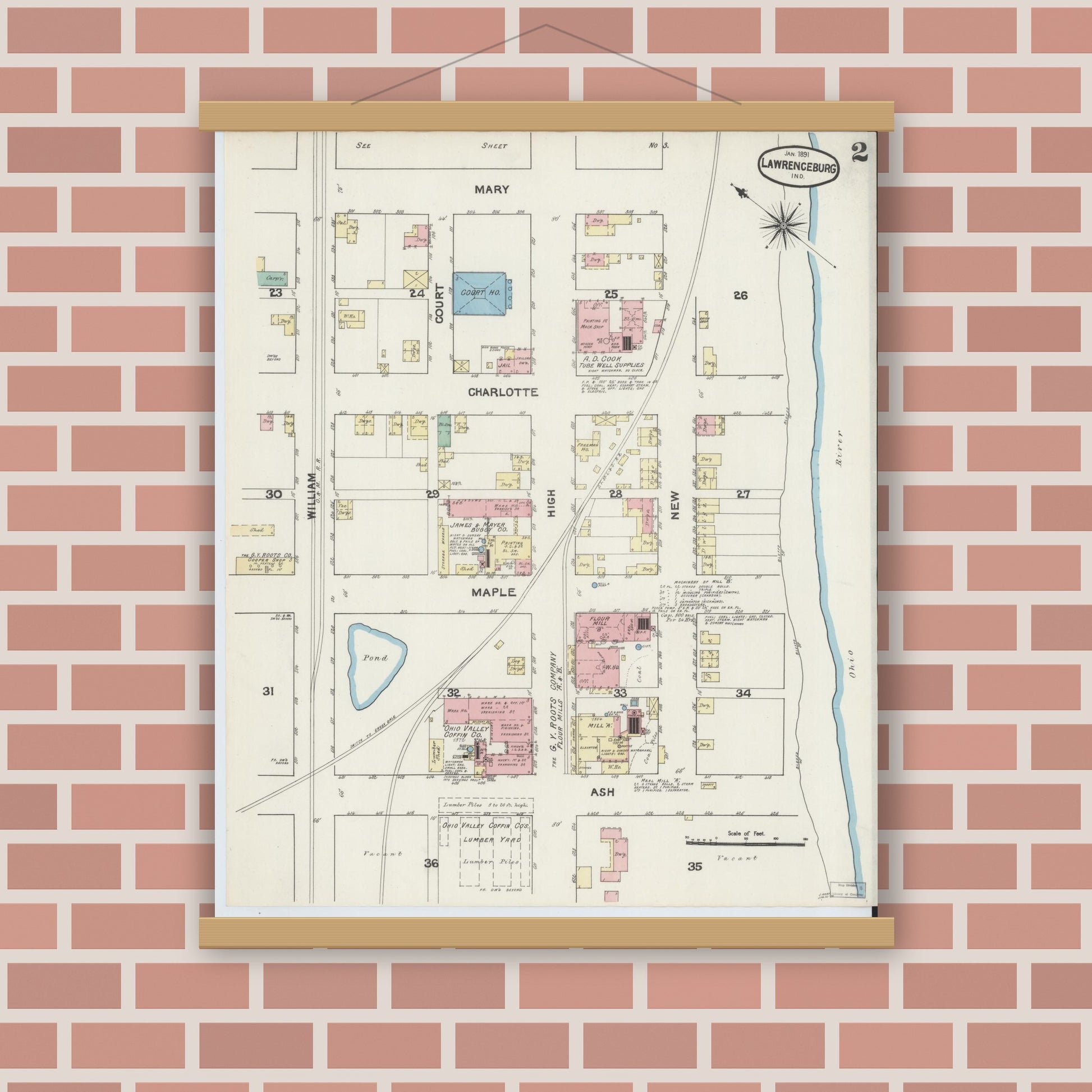 Old map wall art mockup — magnetic wood frame on brick wall — Sanborn Fire Insurance Map from Lawrenceburg, Dearborn County, Indiana (1891), Sheet #0002