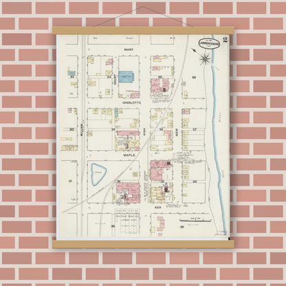 Old map wall art mockup — magnetic wood frame on brick wall — Sanborn Fire Insurance Map from Lawrenceburg, Dearborn County, Indiana (1891), Sheet #0002