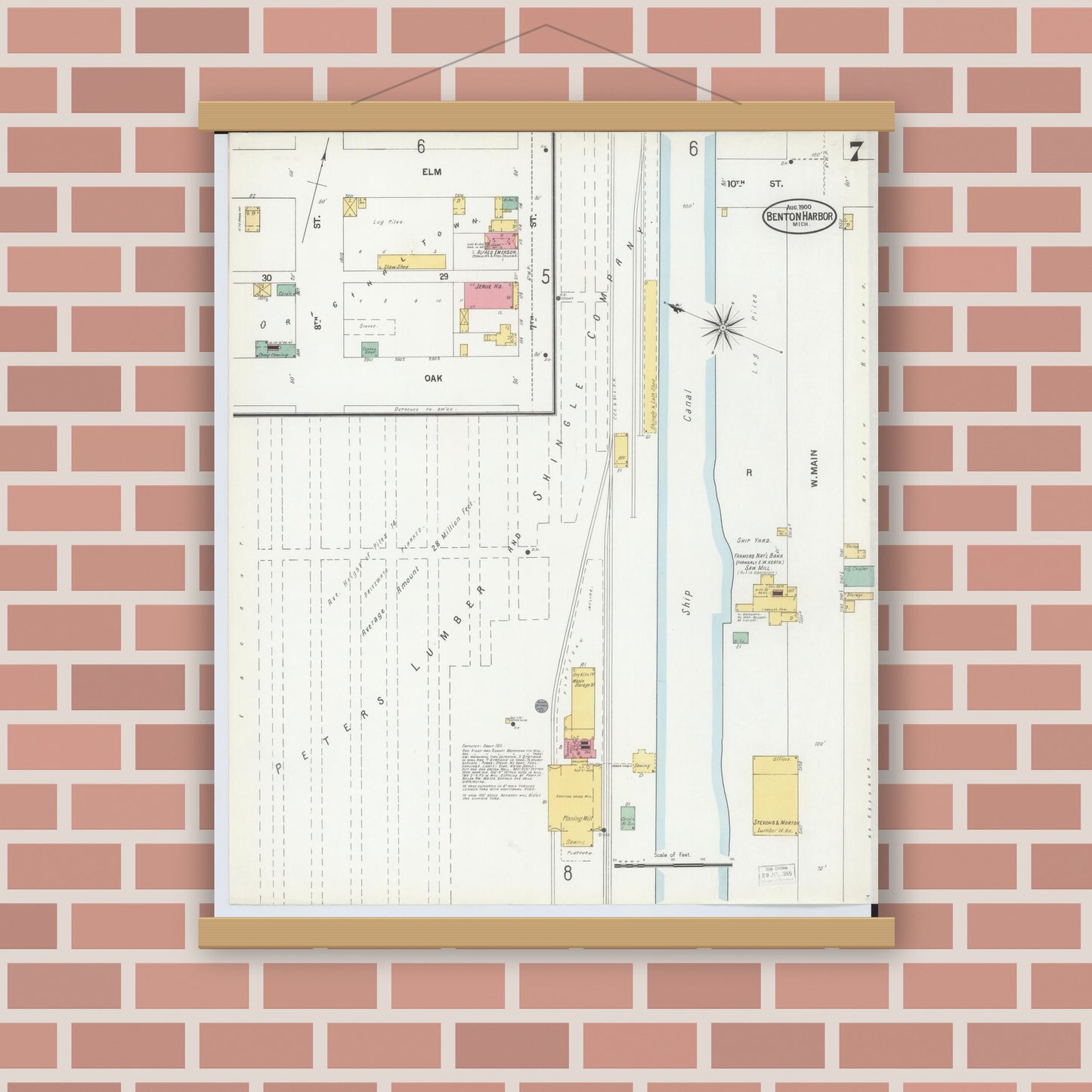 Old map wall art mockup — magnetic wood frame on brick wall — Sanborn Fire Insurance Map from Benton Harbor, Berrien County, Michigan (1900), Sheet #0007