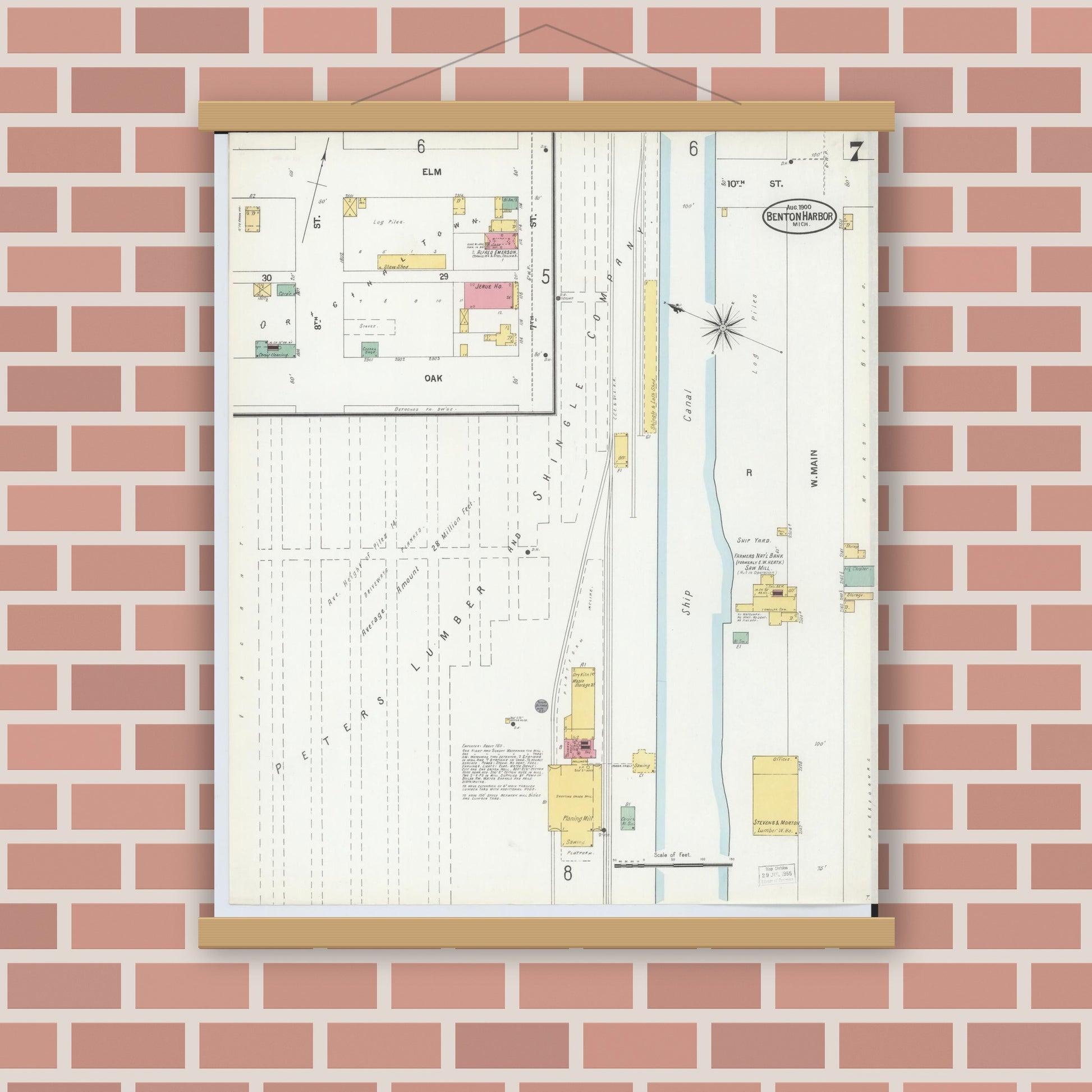 Old map wall art mockup — magnetic wood frame on brick wall — Sanborn Fire Insurance Map from Benton Harbor, Berrien County, Michigan (1900), Sheet #0007