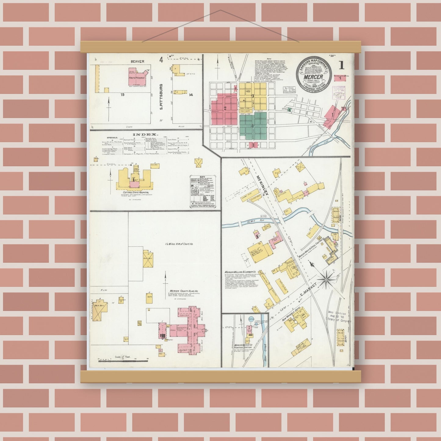 Old map wall art mockup — magnetic wood frame on brick wall — Sanborn Fire Insurance Map from Mercer, Mercer County, Pennsylvania (1904) - Complete Map Set