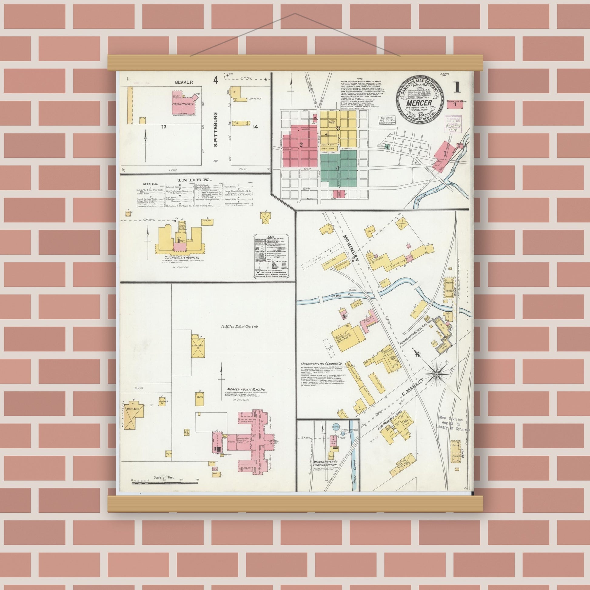 Old map wall art mockup — magnetic wood frame on brick wall — Sanborn Fire Insurance Map from Mercer, Mercer County, Pennsylvania (1904) - Complete Map Set