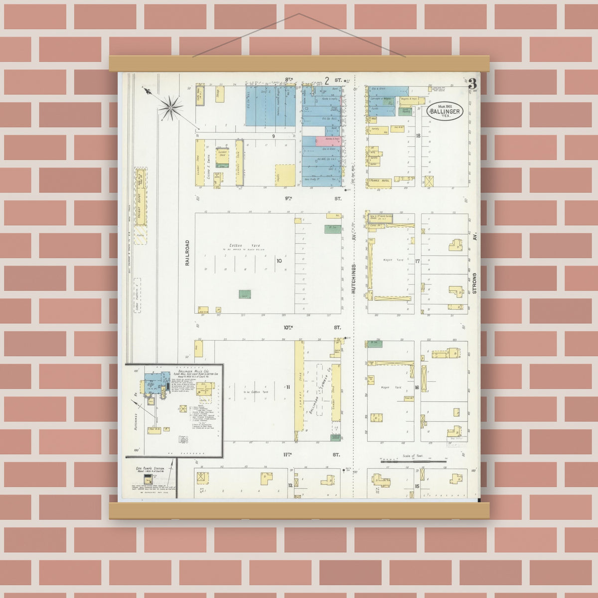 Old map wall art mockup — magnetic wood frame on brick wall — Sanborn Fire Insurance Map from Ballinger, Runnels County, Texas (1902), Sheet #0003