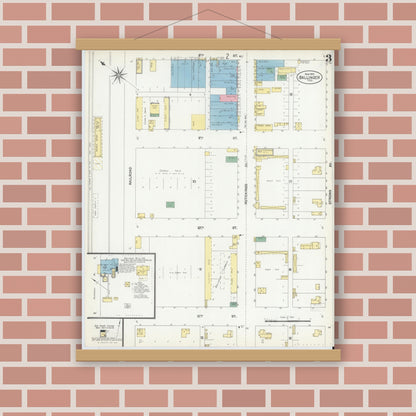 Old map wall art mockup — magnetic wood frame on brick wall — Sanborn Fire Insurance Map from Ballinger, Runnels County, Texas (1902), Sheet #0003