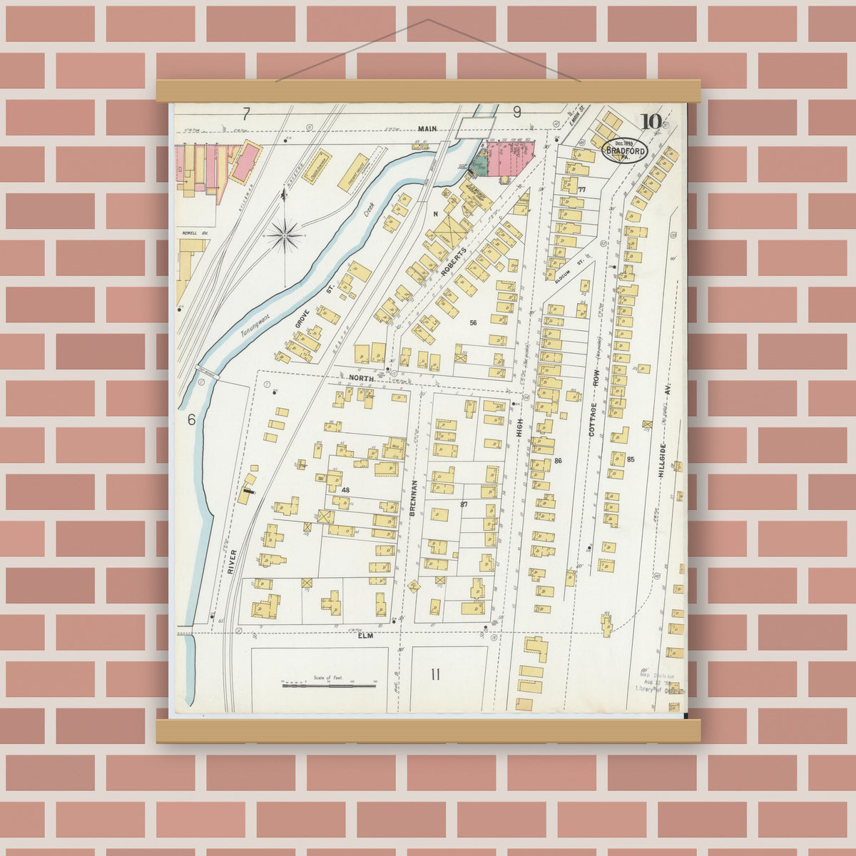 Old map wall art mockup — magnetic wood frame on brick wall — Sanborn Fire Insurance Map from Bradford, McKean County, Pennsylvania (1899), Sheet #0010