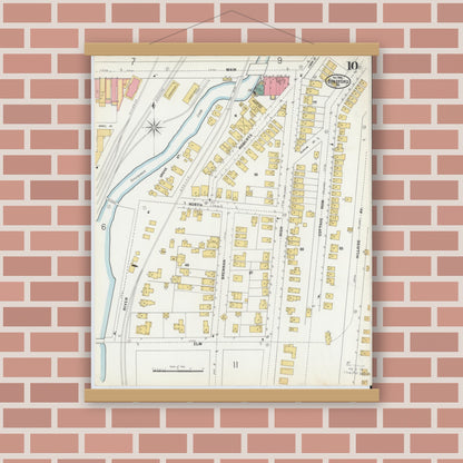 Old map wall art mockup — magnetic wood frame on brick wall — Sanborn Fire Insurance Map from Bradford, McKean County, Pennsylvania (1899), Sheet #0010