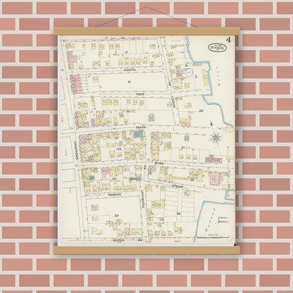 Old map wall art mockup — magnetic wood frame on brick wall — Sanborn Fire Insurance Map from Nyack, Rockland County, New York. (1887), Sheet #0004