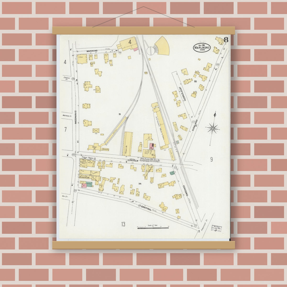 Old map wall art mockup — magnetic wood frame on brick wall — Sanborn Fire Insurance Map from Marlborough, Middlesex County, Massachusetts (1906), Sheet #0008