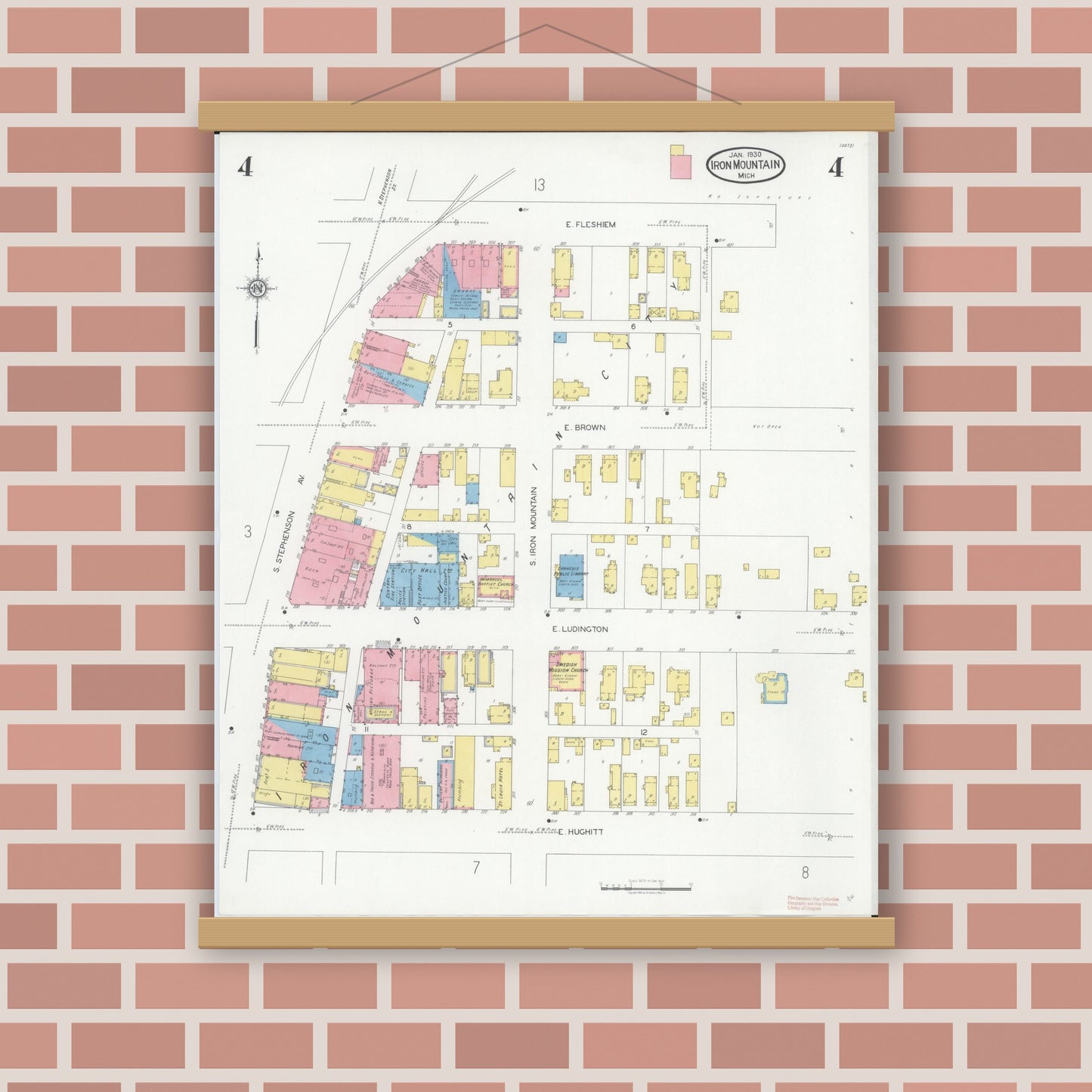 Old map wall art mockup — magnetic wood frame on brick wall — Sanborn Fire Insurance Map from Iron Mountain, Dickinson County, Michigan (1930), Sheet #0004