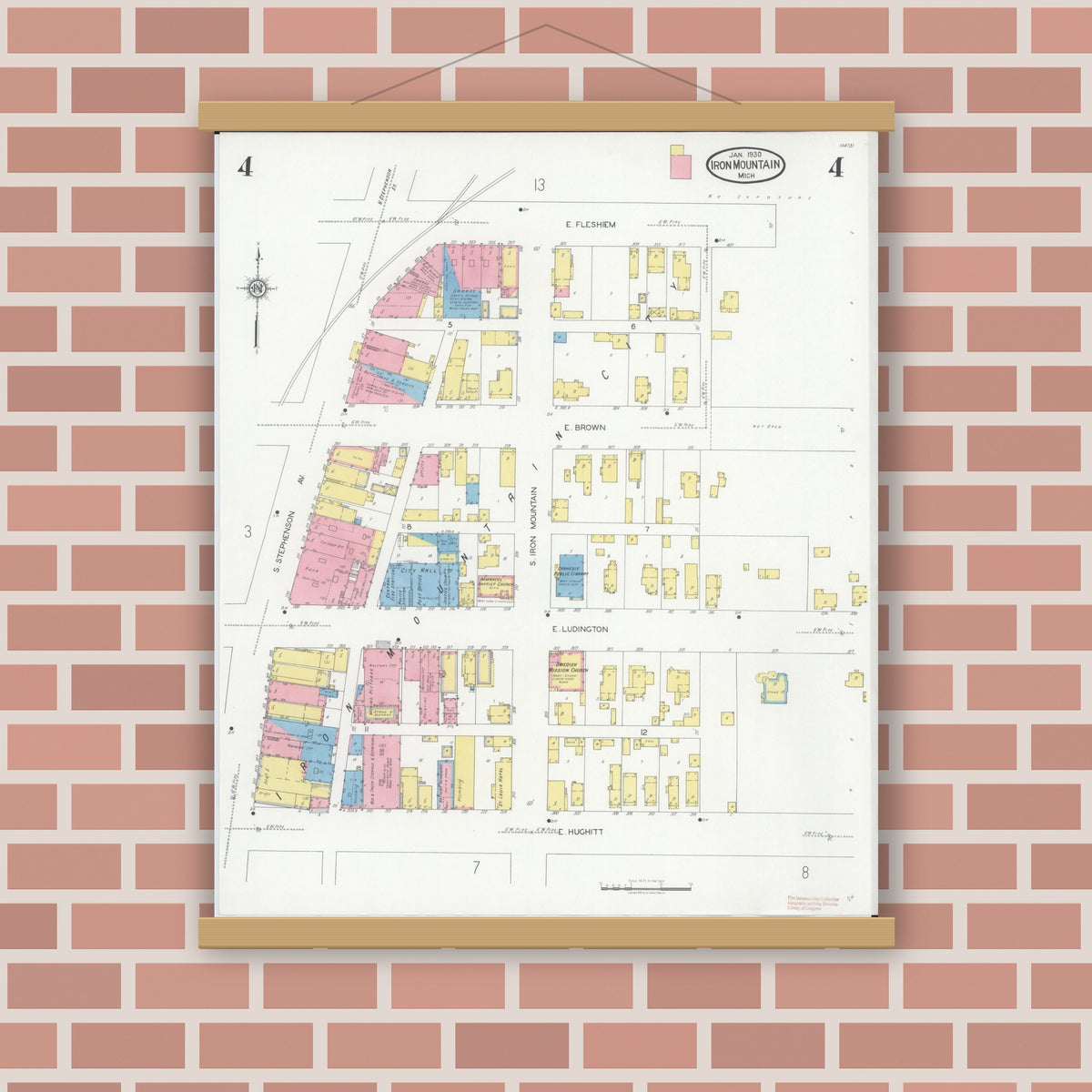 Old map wall art mockup — magnetic wood frame on brick wall — Sanborn Fire Insurance Map from Iron Mountain, Dickinson County, Michigan (1930), Sheet #0004
