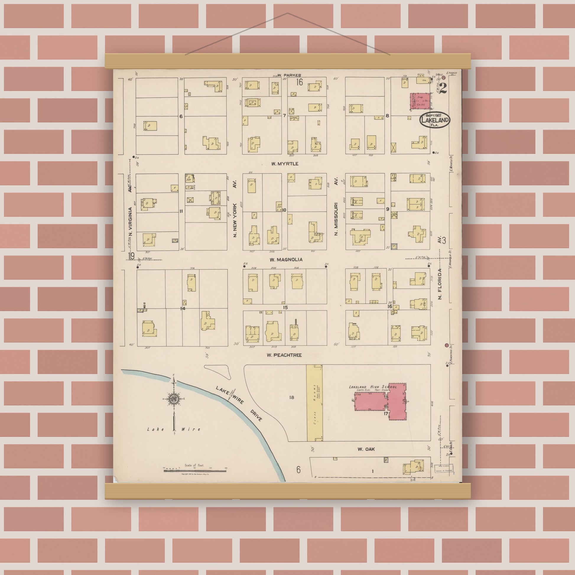 Old map wall art mockup — magnetic wood frame on brick wall — Sanborn Fire Insurance Map from Lakeland, Polk County, Florida (1922), Sheet #0002