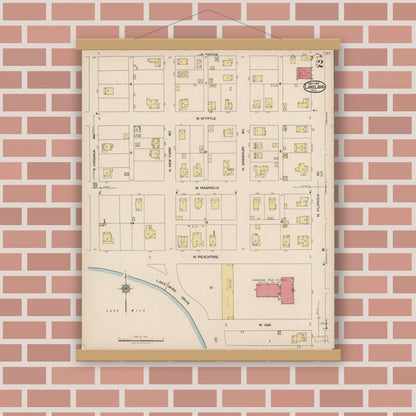 Old map wall art mockup — magnetic wood frame on brick wall — Sanborn Fire Insurance Map from Lakeland, Polk County, Florida (1922), Sheet #0002