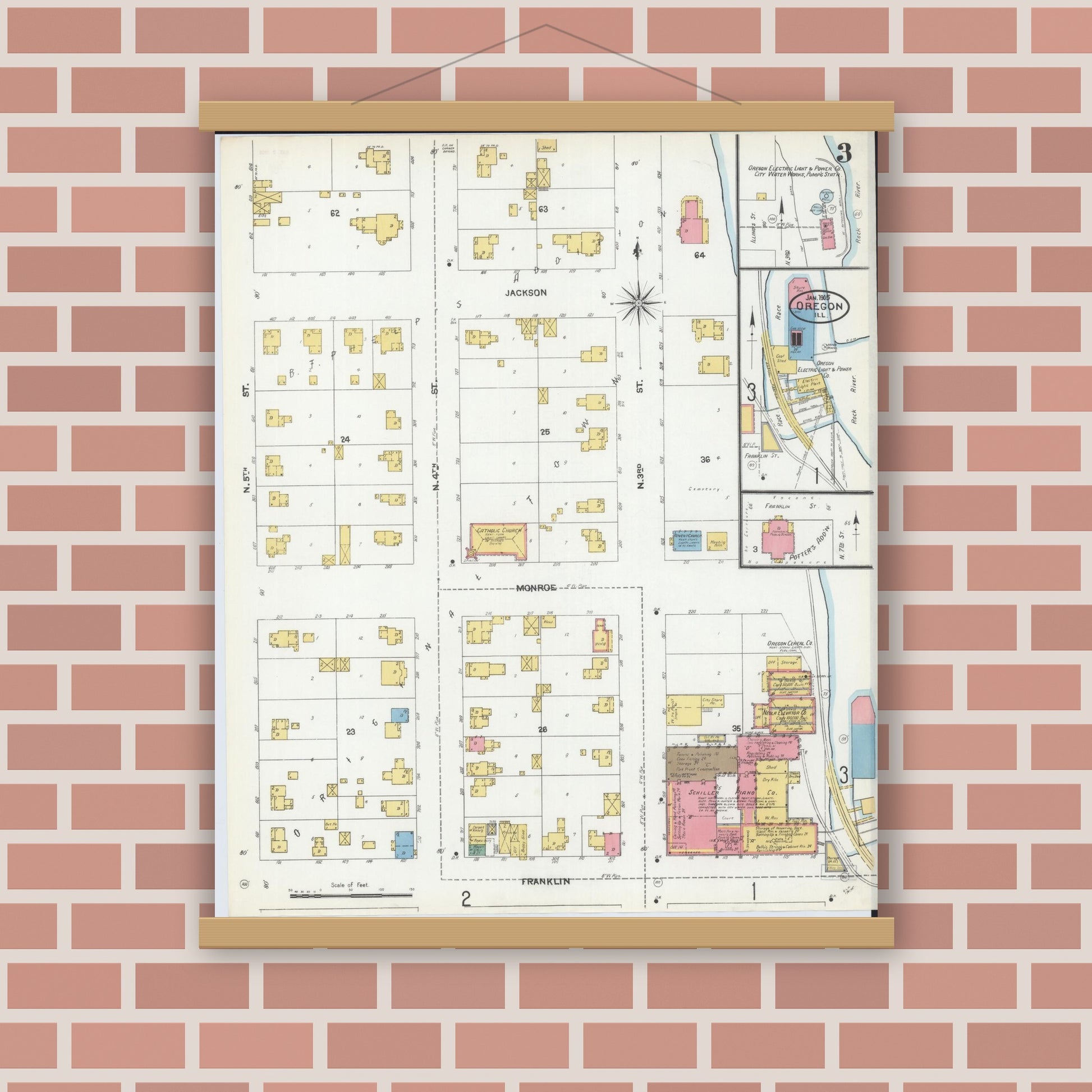 Old map wall art mockup — magnetic wood frame on brick wall — Sanborn Fire Insurance Map from Oregon, Ogle County, Illinois (1905), Sheet #0003