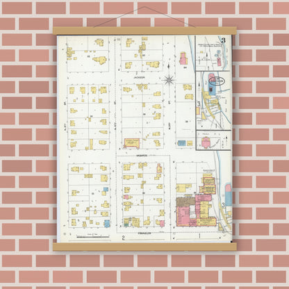 Old map wall art mockup — magnetic wood frame on brick wall — Sanborn Fire Insurance Map from Oregon, Ogle County, Illinois (1905), Sheet #0003