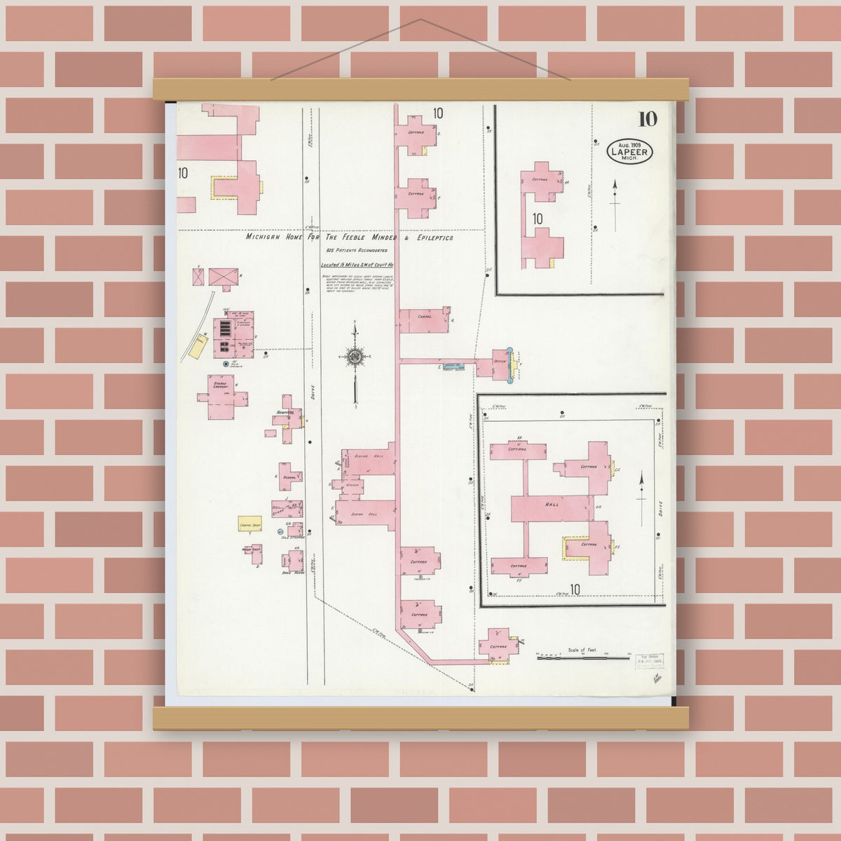 Old map wall art mockup — magnetic wood frame on brick wall — Sanborn Fire Insurance Map from Lapeer, Lapeer County, Michigan (1909), Sheet #0010