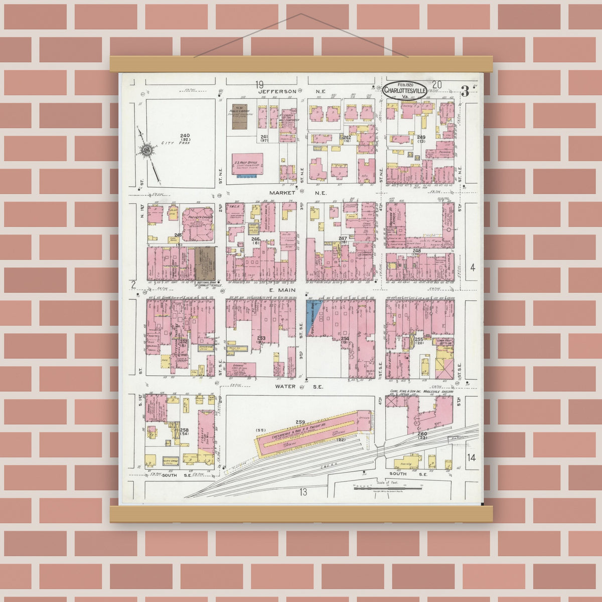 Old map wall art mockup — magnetic wood frame on brick wall — Sanborn Fire Insurance Map from Charlottesville, Independent Cities, Virginia (1920), Sheet #0003