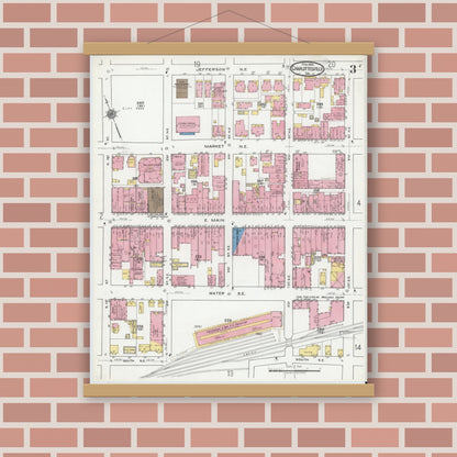 Old map wall art mockup — magnetic wood frame on brick wall — Sanborn Fire Insurance Map from Charlottesville, Independent Cities, Virginia (1920), Sheet #0003