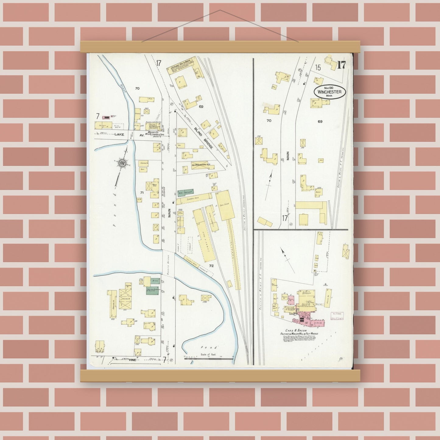 Old map wall art mockup — magnetic wood frame on brick wall — Sanborn Fire Insurance Map from Winchester, Middlesex County, Massachusetts (1910), Sheet #0017