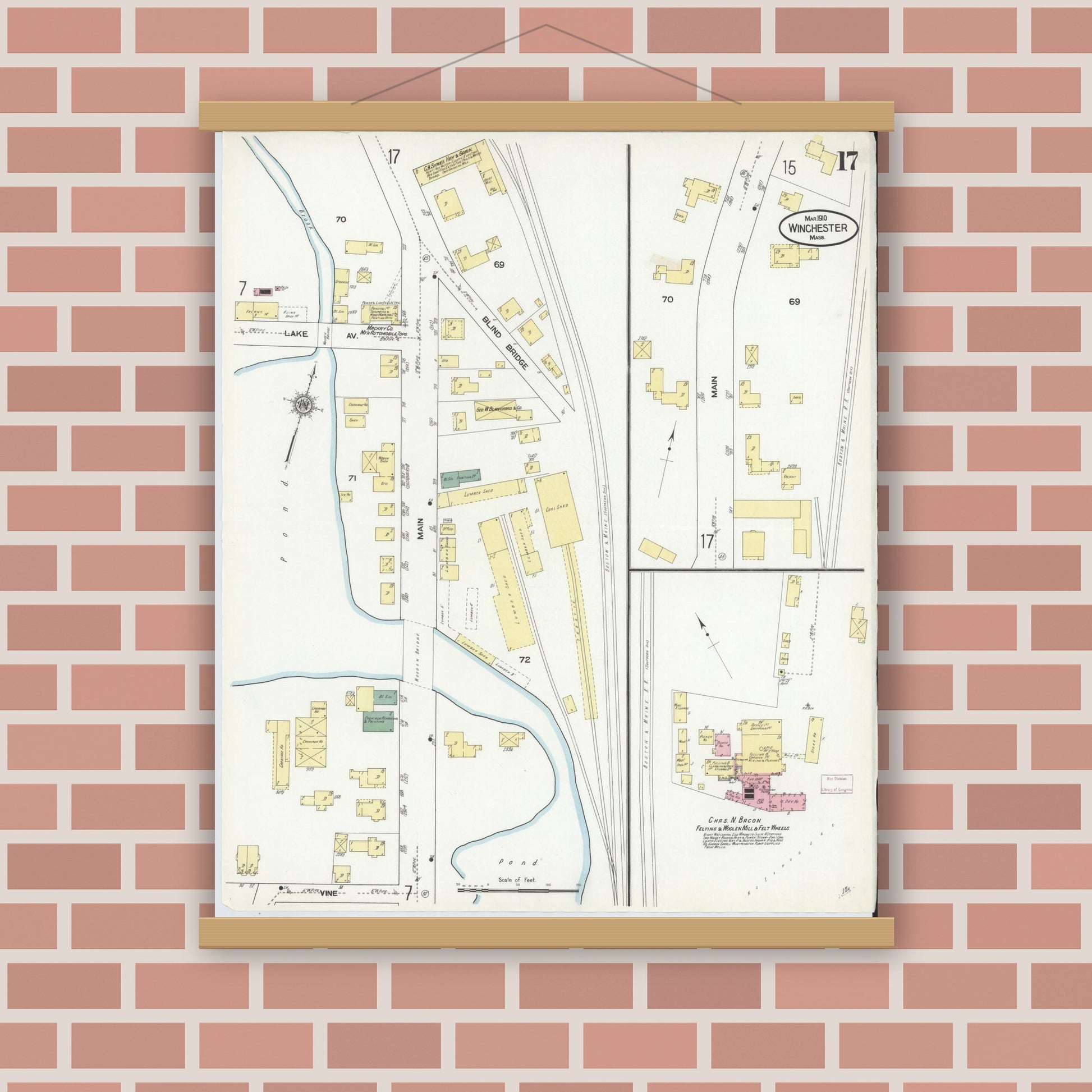 Old map wall art mockup — magnetic wood frame on brick wall — Sanborn Fire Insurance Map from Winchester, Middlesex County, Massachusetts (1910), Sheet #0017