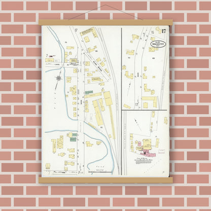 Old map wall art mockup — magnetic wood frame on brick wall — Sanborn Fire Insurance Map from Winchester, Middlesex County, Massachusetts (1910), Sheet #0017