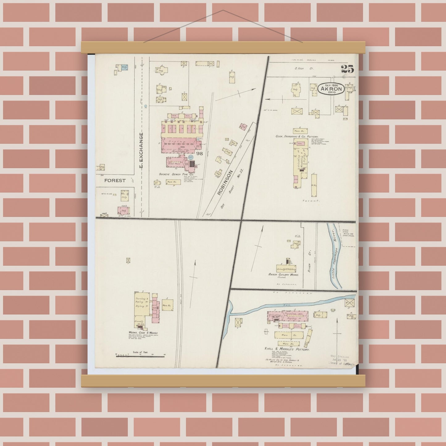 Old map wall art mockup — magnetic wood frame on brick wall — Sanborn Fire Insurance Map from Akron, Summit County, Ohio (1886), Sheet #0025