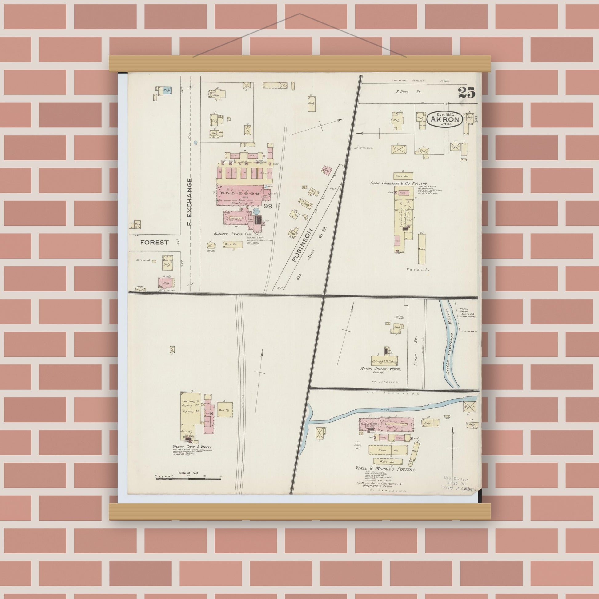Old map wall art mockup — magnetic wood frame on brick wall — Sanborn Fire Insurance Map from Akron, Summit County, Ohio (1886), Sheet #0025