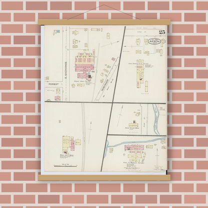 Old map wall art mockup — magnetic wood frame on brick wall — Sanborn Fire Insurance Map from Akron, Summit County, Ohio (1886), Sheet #0025