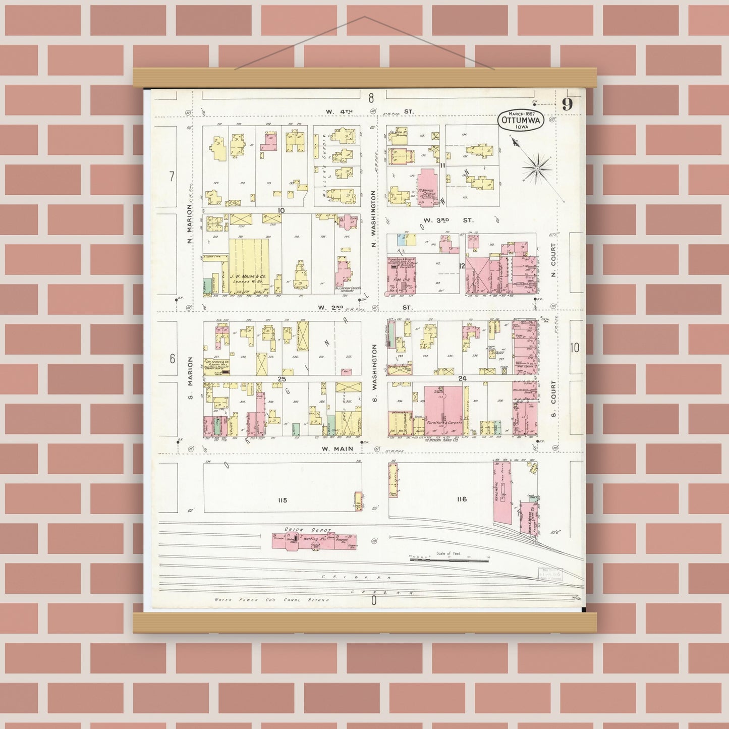 Old map wall art mockup — magnetic wood frame on brick wall — Sanborn Fire Insurance Map from Ottumwa, Wapello County, Iowa (1897), Sheet #0009