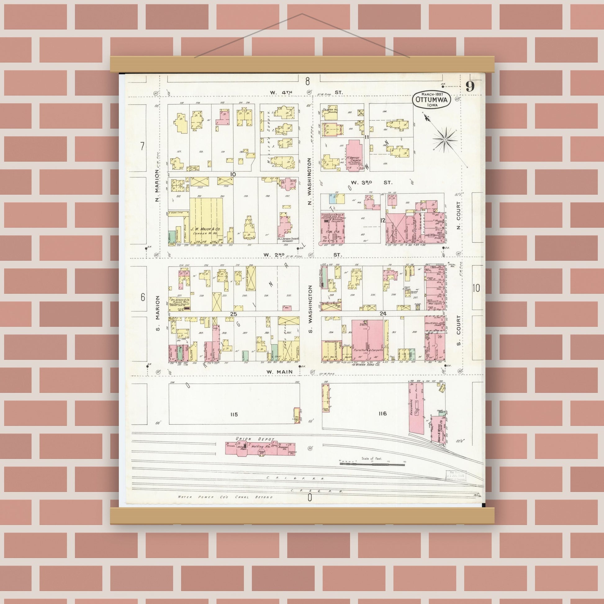 Old map wall art mockup — magnetic wood frame on brick wall — Sanborn Fire Insurance Map from Ottumwa, Wapello County, Iowa (1897), Sheet #0009