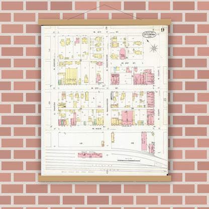 Old map wall art mockup — magnetic wood frame on brick wall — Sanborn Fire Insurance Map from Ottumwa, Wapello County, Iowa (1897), Sheet #0009