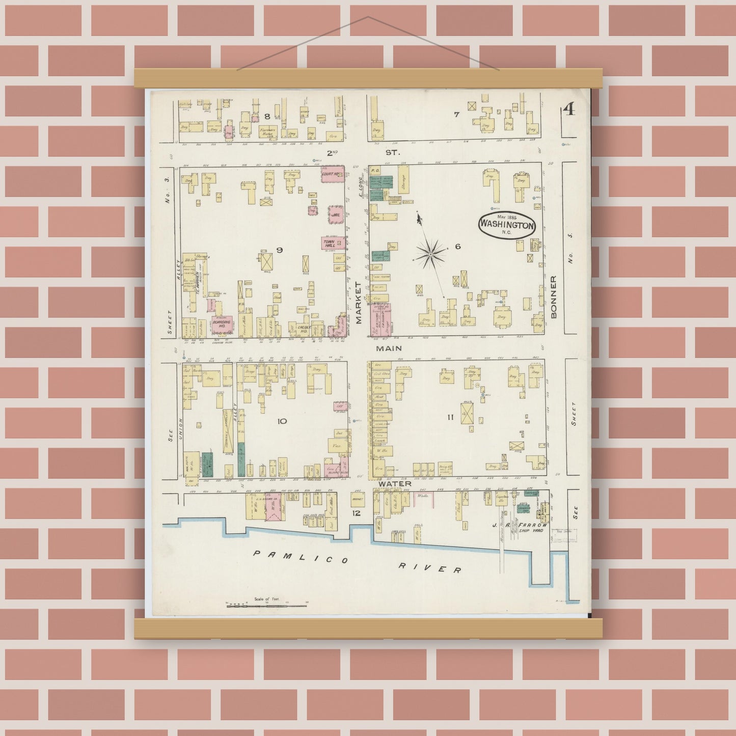 Old map wall art mockup — magnetic wood frame on brick wall — Sanborn Fire Insurance Map from Washington, Beaufort County, North Carolina (1885), Sheet #0004