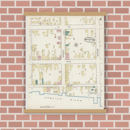 Old map wall art mockup — magnetic wood frame on brick wall — Sanborn Fire Insurance Map from Washington, Beaufort County, North Carolina (1885), Sheet #0004