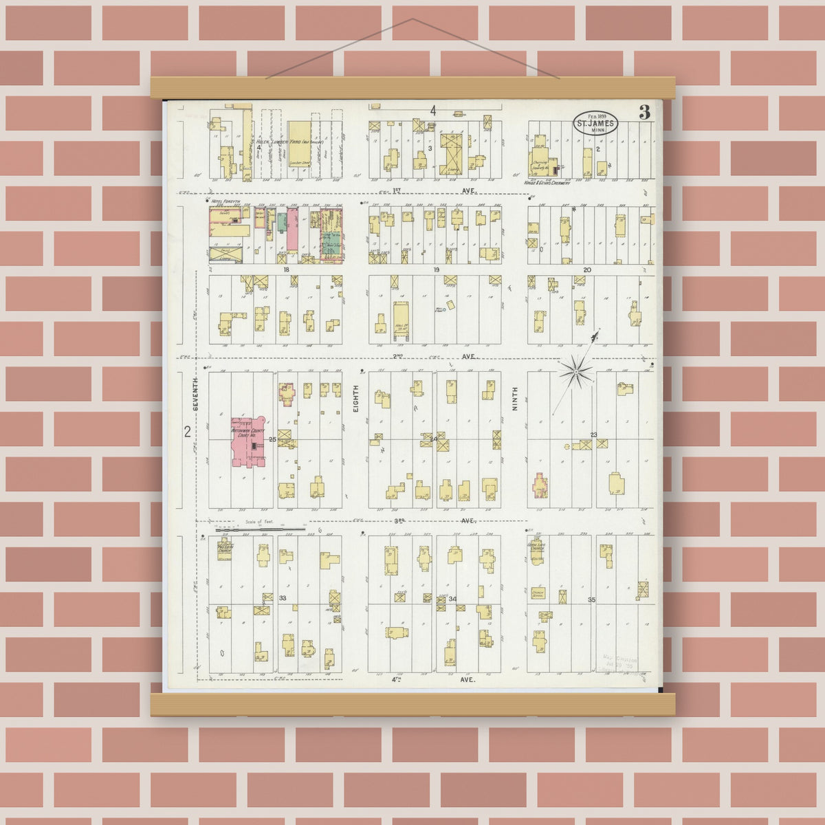 Old map wall art mockup — magnetic wood frame on brick wall — Sanborn Fire Insurance Map from Saint James, Watonwan County, Minnesota (1899), Sheet #0003