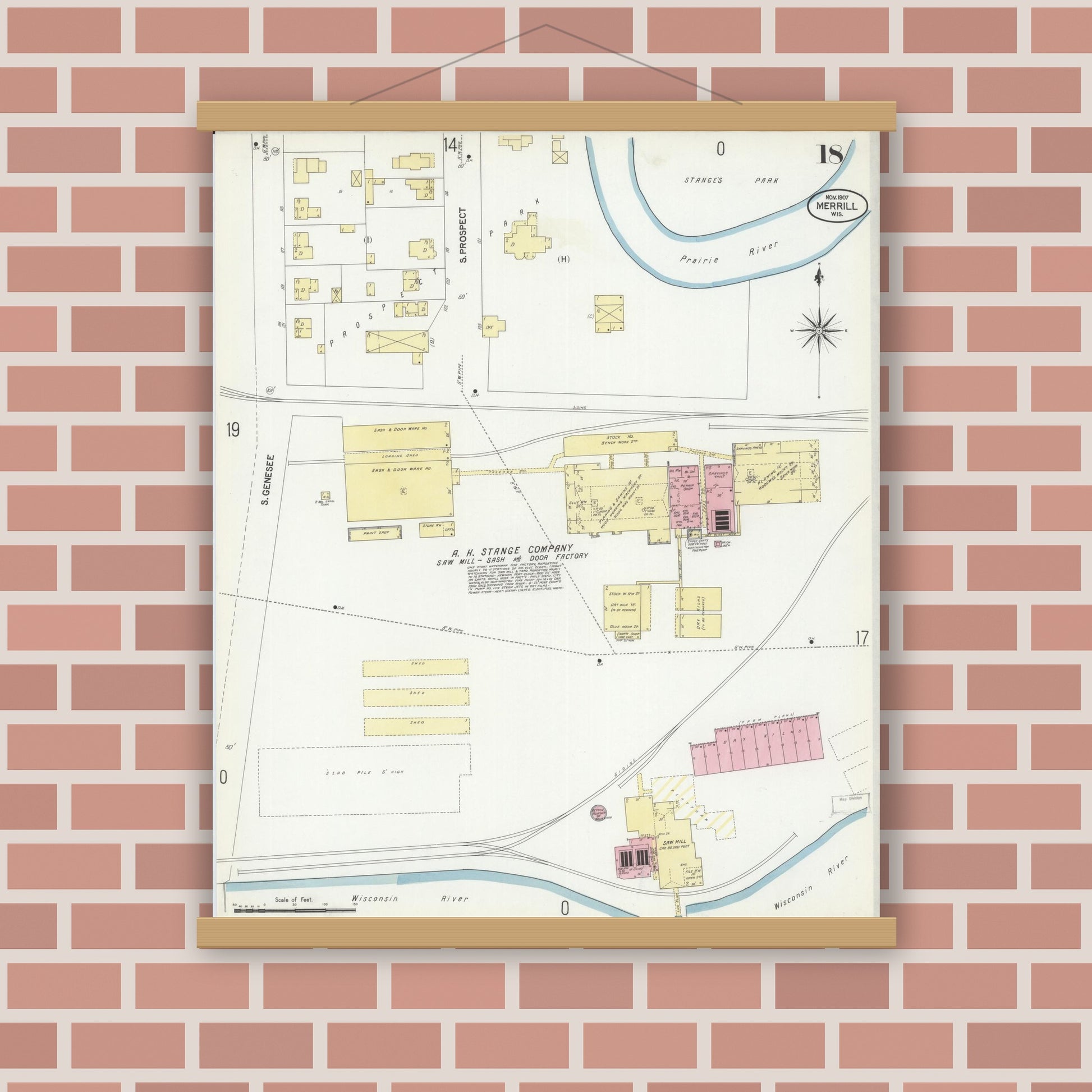 Old map wall art mockup — magnetic wood frame on brick wall — Sanborn Fire Insurance Map from Merrill, Lincoln County, Wisconsin (1907), Sheet #0018