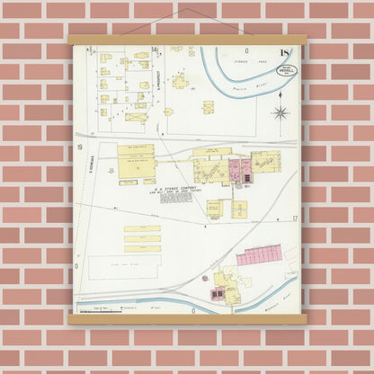 Old map wall art mockup — magnetic wood frame on brick wall — Sanborn Fire Insurance Map from Merrill, Lincoln County, Wisconsin (1907), Sheet #0018
