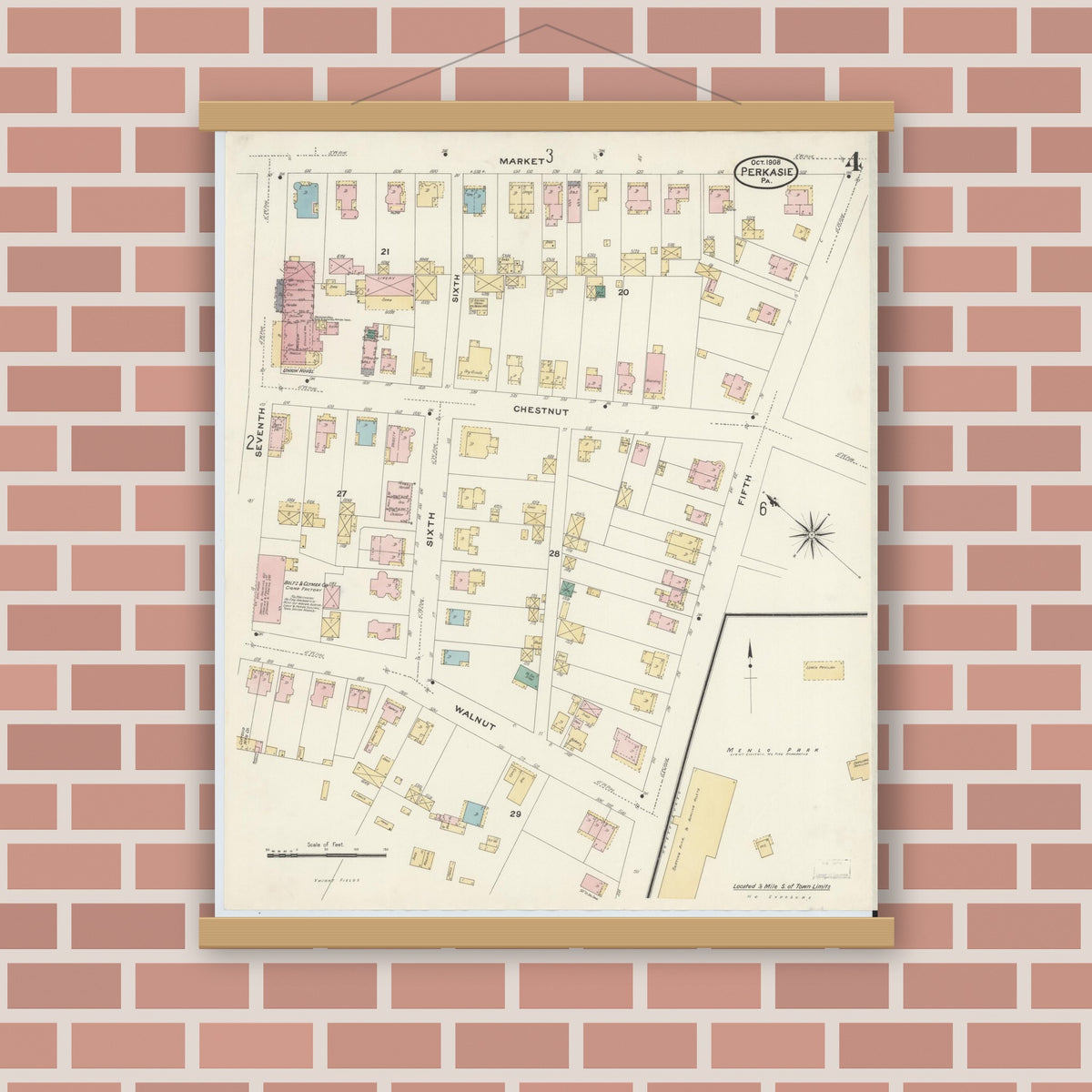 Old map wall art mockup — magnetic wood frame on brick wall — Sanborn Fire Insurance Map from Perkasie, Bucks County, Pennsylvania (1908), Sheet #0004