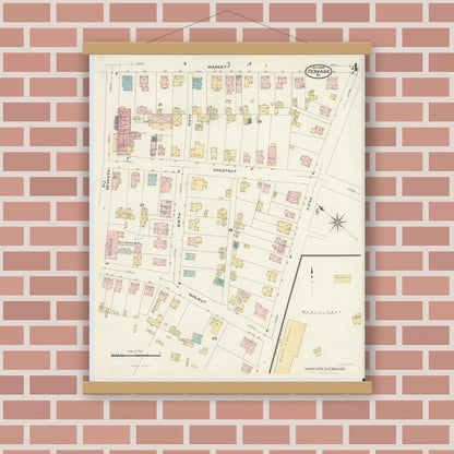 Old map wall art mockup — magnetic wood frame on brick wall — Sanborn Fire Insurance Map from Perkasie, Bucks County, Pennsylvania (1908), Sheet #0004
