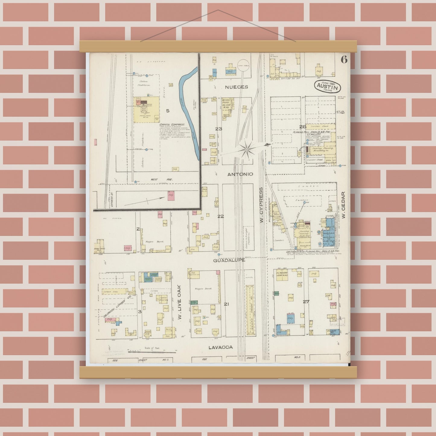 Old map wall art mockup — magnetic wood frame on brick wall — Sanborn Fire Insurance Map from Austin, Travis County, Texas (1885), Sheet #0006