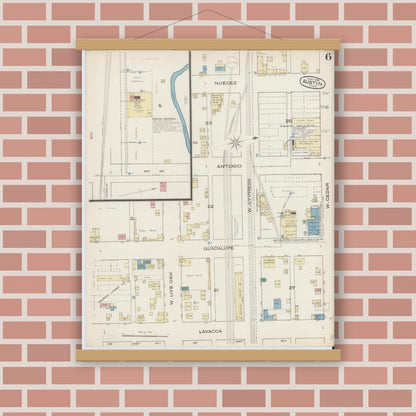 Old map wall art mockup — magnetic wood frame on brick wall — Sanborn Fire Insurance Map from Austin, Travis County, Texas (1885), Sheet #0006