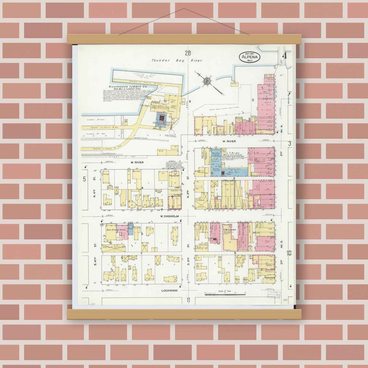 Old map wall art mockup — magnetic wood frame on brick wall — Sanborn Fire Insurance Map from Alpena, Alpena County, Michigan (1910), Sheet #0004