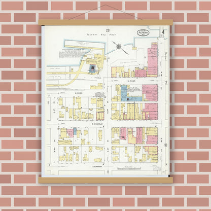 Old map wall art mockup — magnetic wood frame on brick wall — Sanborn Fire Insurance Map from Alpena, Alpena County, Michigan (1910), Sheet #0004