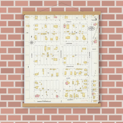 Old map wall art mockup — magnetic wood frame on brick wall — Sanborn Fire Insurance Map from Macon, Macon County, Missouri (1902), Sheet #0003